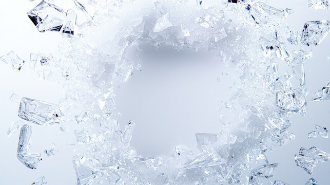 Shattered ice shards exploding outwards to create a circular frame against a clean light blue background.