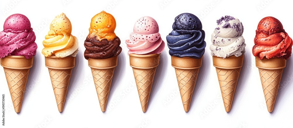 Poster handmade ice cream cones in a colorful array showcasing various flavors in an inviting ice cream sho