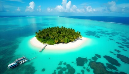 Obraz premium Tropical Island Paradise Drone View of White Sand Beach Turquoise Water Lush Palm Trees Boat