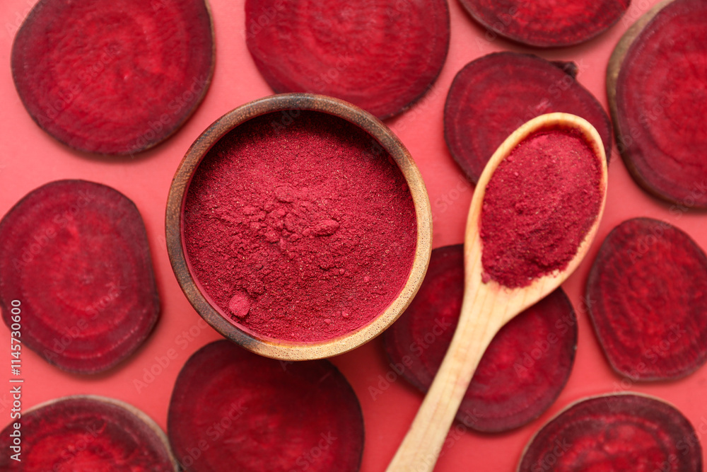 Sticker Bowl and spoon with beet powder on red background