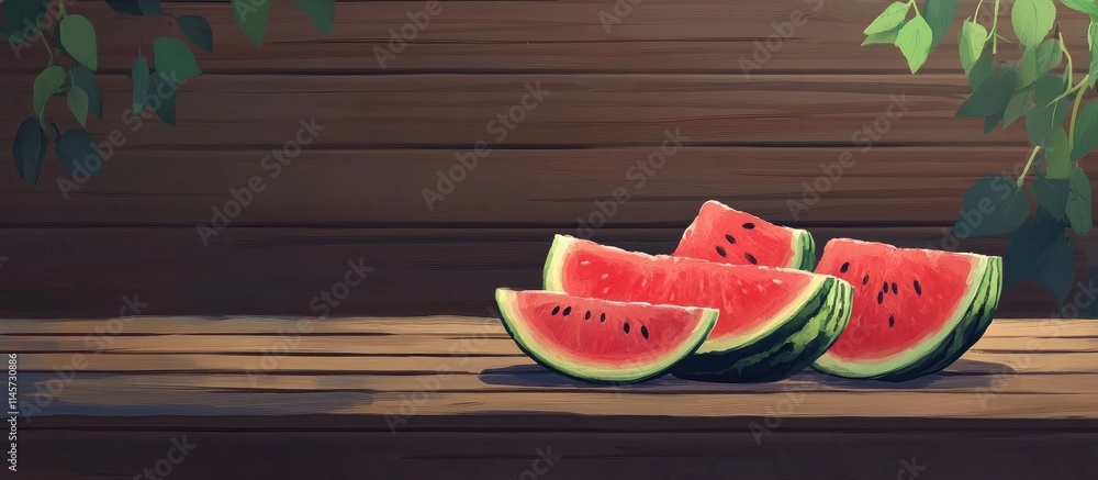 Poster fresh watermelon slices on a rustic wooden desk surrounded by greenery creating a vibrant and inviti