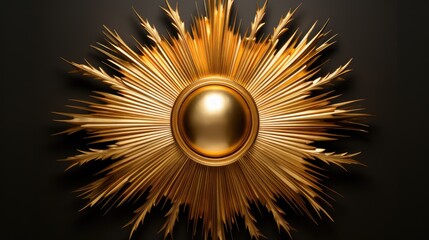 Fototapeta premium Elegant sunburst mirror design in gold showcasing rays radiating from a central reflective sphere on a dark background.