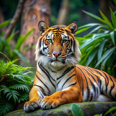 Malayan tiger laying in the forest showcasing