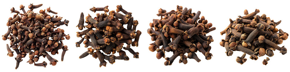 Obraz premium A collection of whole cloves arranged in distinct piles, showcasing their rich, dark brown color and varied sizes.