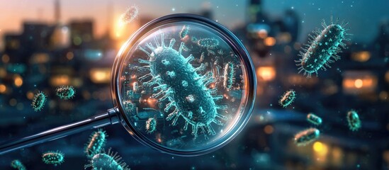 Magnifying lens highlighting germs and bacteria with urban backdrop emphasizing hygiene climate control and health concepts in buildings