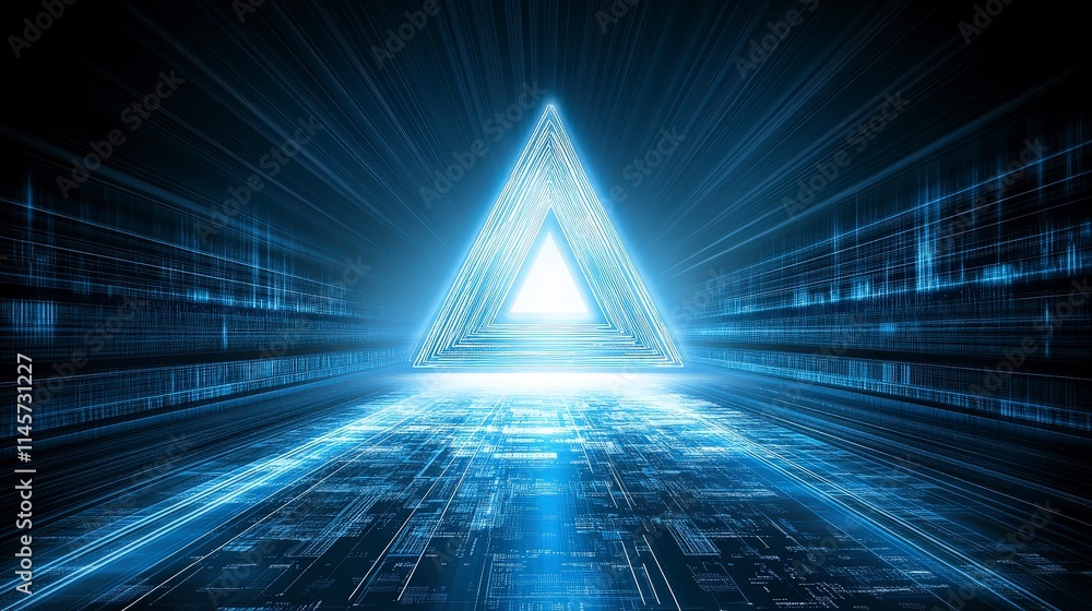 Poster a radiant triangular portal glows at the end of a digital tunnel, radiating light and energy, symbol