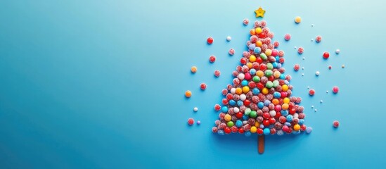 Candy Christmas tree design on a blue background colorful festive decoration for holiday celebrations and seasonal events