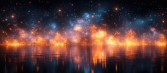 Obraz premium Colorful fireworks display reflected on water creating a magical atmosphere for celebrations against a dark night sky background.