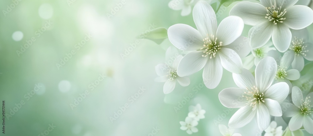 Poster delicate white blossoms with a soft green backdrop creating a serene and refreshing floral abstract 