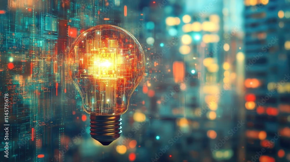 Poster innovative light bulb with microcircuit design symbolizing future technology against a blurred city 