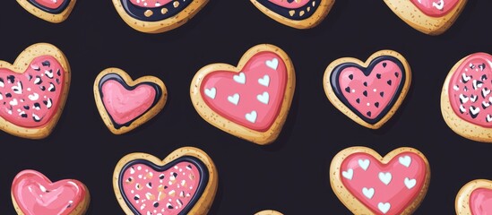 Seamless pattern of heart-shaped decorated cookies on a dark background ideal for Valentine's Day designs and festive celebrations