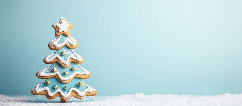 Blue Christmas tree gingerbread cookie on a pastel backdrop with snow, ideal for New Year holiday themes and customizable text space.