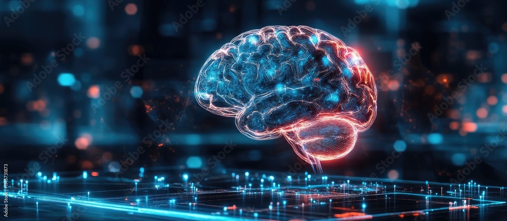 Poster double exposure of a futuristic workspace with a glowing human brain hologram symbolizing creativity