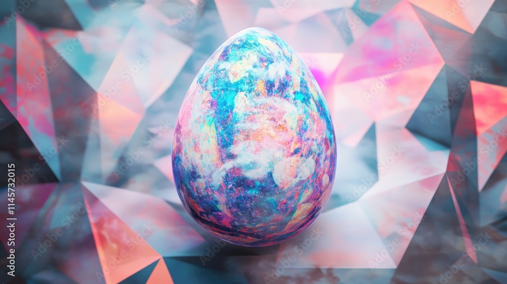 Poster surreal cosmic dragon egg design on geometric triangle background featuring vibrant colors and abstr