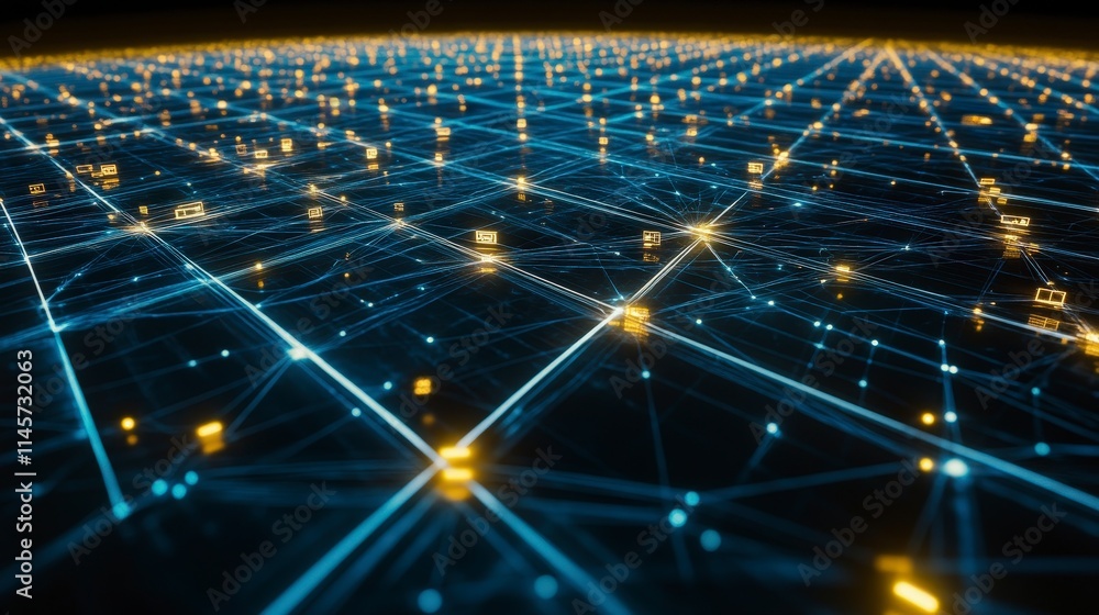 Poster abstract futuristic digital grid landscape with glowing nodes and connections. visual representation