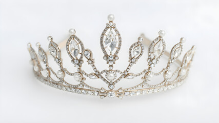 A tiara adorned with sparkling rhinestones and pearls, isolated on white.