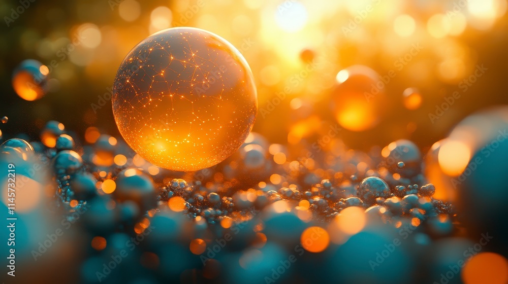 Poster a large glowing orb with a network of lines floats above a sea of smaller metallic spheres. the back