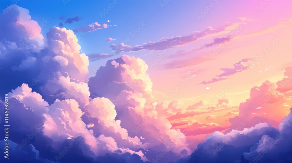 Poster Majestic clouds illuminated by sunset hues creating a serene and colorful sky backdrop for art and design projects