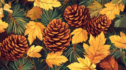 Fototapeta premium Pine cones and vibrant yellow leaves creating a picturesque autumn forest floor scene