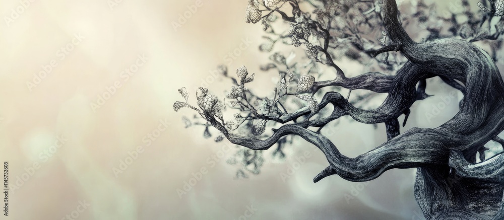 Poster artistic depiction of a decorative tree with intricate branches and subtle hues creating a serene an