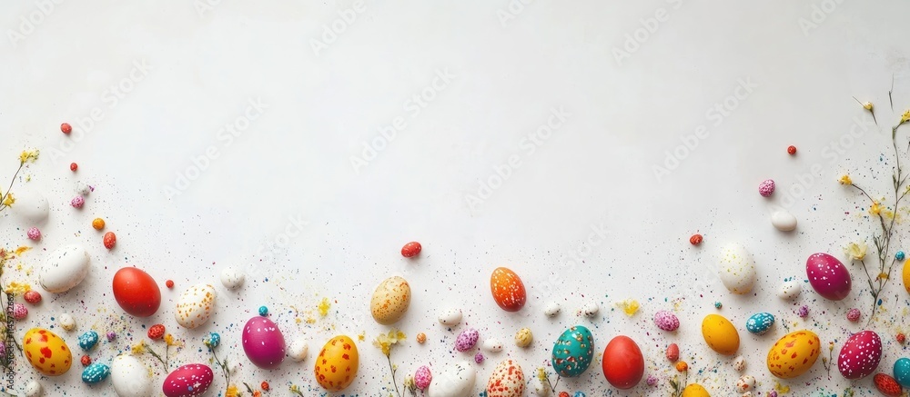Poster colorful easter eggs arranged in a decorative border with blank space for text or messaging on a lig
