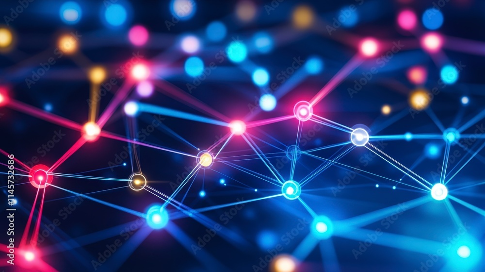 Poster a vibrant network of interconnected nodes glows with colorful lights. lines connect the luminous poi