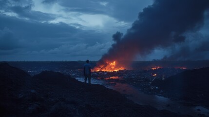 Fototapeta premium A landfill overflowing with e-waste, where workers dismantle old electronics by hand. The toxic fumes and piles of discarded gadgets emphasize the consequences of consumerism. 