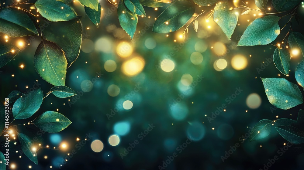 Aufkleber golden evening light illuminating green leaves with a magical bokeh effect creating a serene and enc