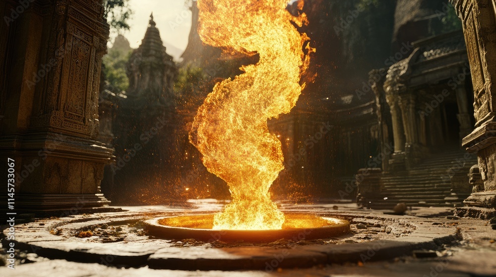Poster mystical flame spiraling upward in an ancient temple setting, surrounded by stone architecture and n