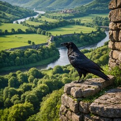A crow perched on a stone wall in a medieval castle, with lush green hills and a winding river in the distance.
