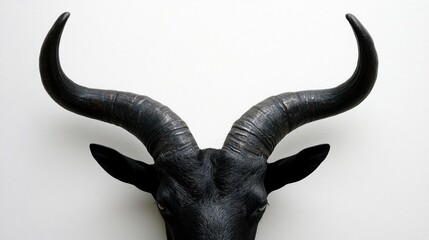 Fototapeta premium A close-up view of a black bull's head with prominent horns against a plain background.