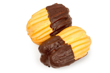 A pair of eclairs on a white background. Fresh sweet cakes close-up.