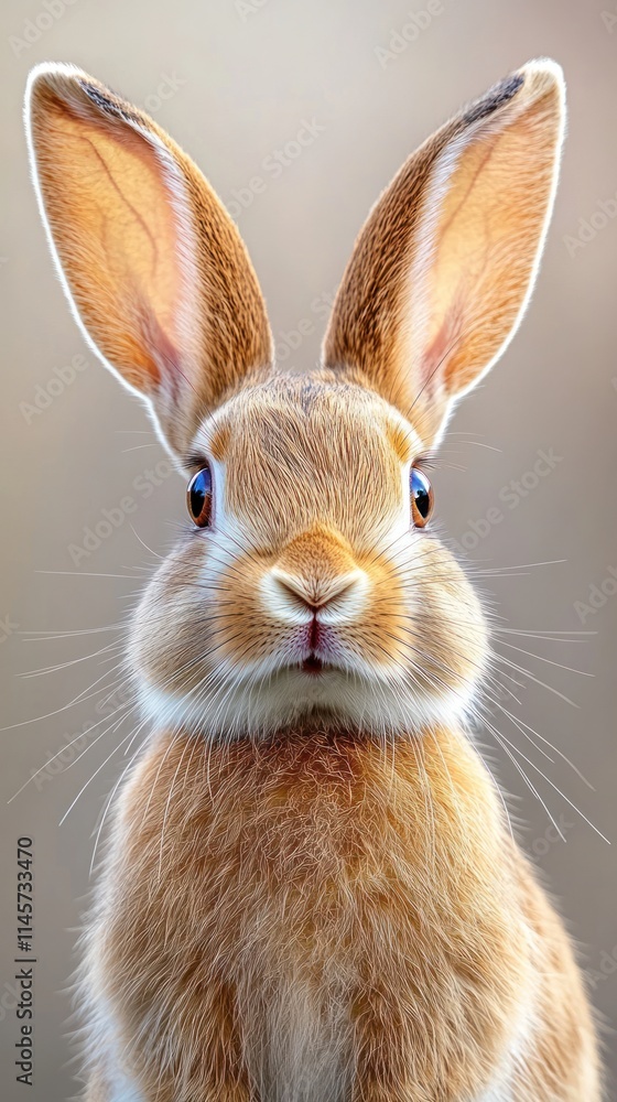 Poster a close-up of a rabbit with large ears and a soft fur coat against a blurred background.