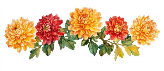 Fototapeta premium Colorful chrysanthemum flowers in autumn hues isolated on a white background showcasing vibrant beauty and natural elegance.