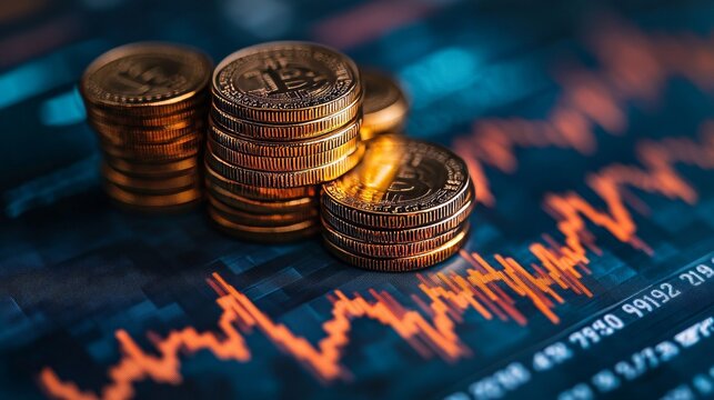 Shiny Coins Stacked on Top of Financial Graph Background