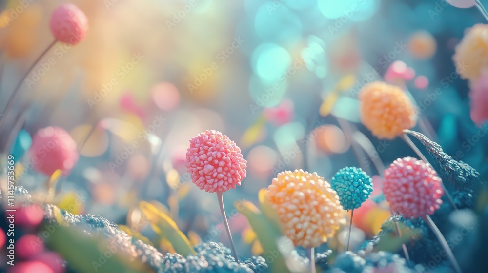 Poster colorful ornamental spheres in a whimsical garden setting with soft focus creating a dreamy and play