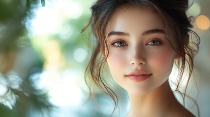Obraz premium Asian woman with glowing skin and natural makeup.