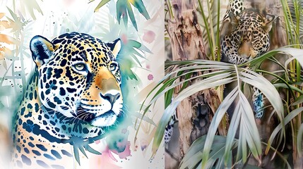 A watercolor painting of a jaguar on a jungle wall, with soft, flowing colors and detailed fur.