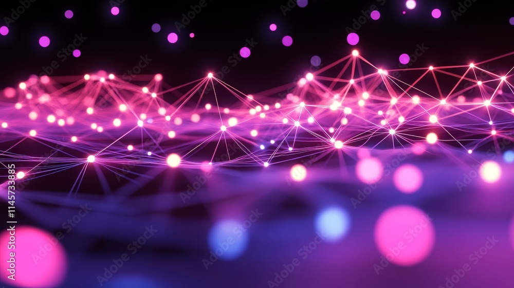 Poster a vibrant network of interconnected glowing nodes and lines forming a dynamic web against a dark bac