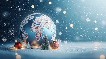 Global Christmas: A snow-dusted globe adorned with festive Christmas trees and ornaments, set against a dreamy winter backdrop. A heartwarming image representing global unity and holiday cheer.