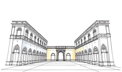Elegant Palace Courtyard: Detailed Architectural Sketch. AI Generated
