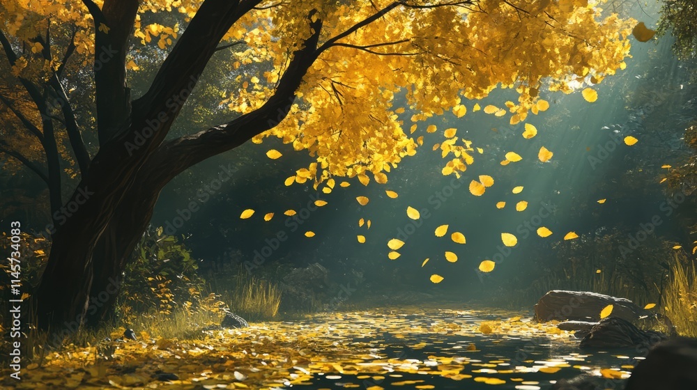 Poster golden autumn leaves falling from trees in a serene forest with sunlight filtering through the branc