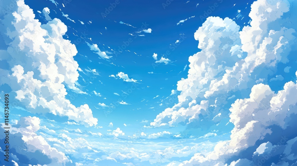 Poster vibrant blue sky with fluffy white clouds creating a serene and tranquil atmospheric background for 