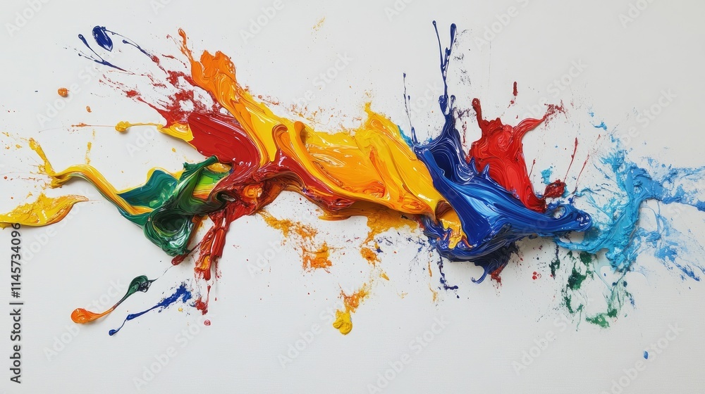 Poster vibrant abstract paint splashes creating a dynamic composition on a clean white background