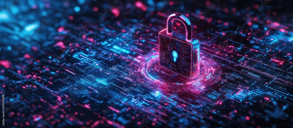 Poster digital security concept featuring a glowing padlock over a high-tech background symbolizing online 