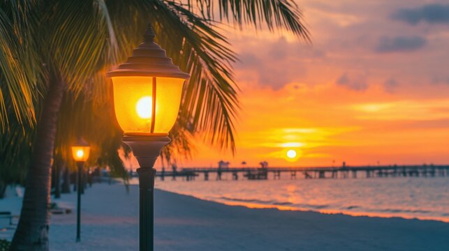 Public classic lights lamp at beach side with landscape view of sunset sky at behinds
