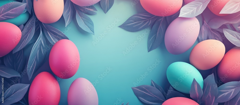 Poster easter themed frame with colorful eggs and bunny ear leaves creating a festive background for text o