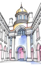 Elegant Watercolor Illustration: Detailed Palace Courtyard Sketch. AI Generated