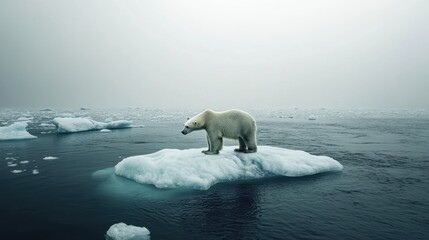 A lone polar bear standing on a rapidly melting iceberg, surrounded by open ocean. The scene emphasizes the effects of global warming on arctic wildlife and ecosystems. 