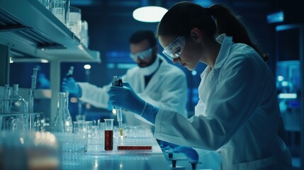 Scientists are experimenting Genetic research and Biotech science Human Biology and pharmaceutical technology on laboratory background. Medical science and biotechnology